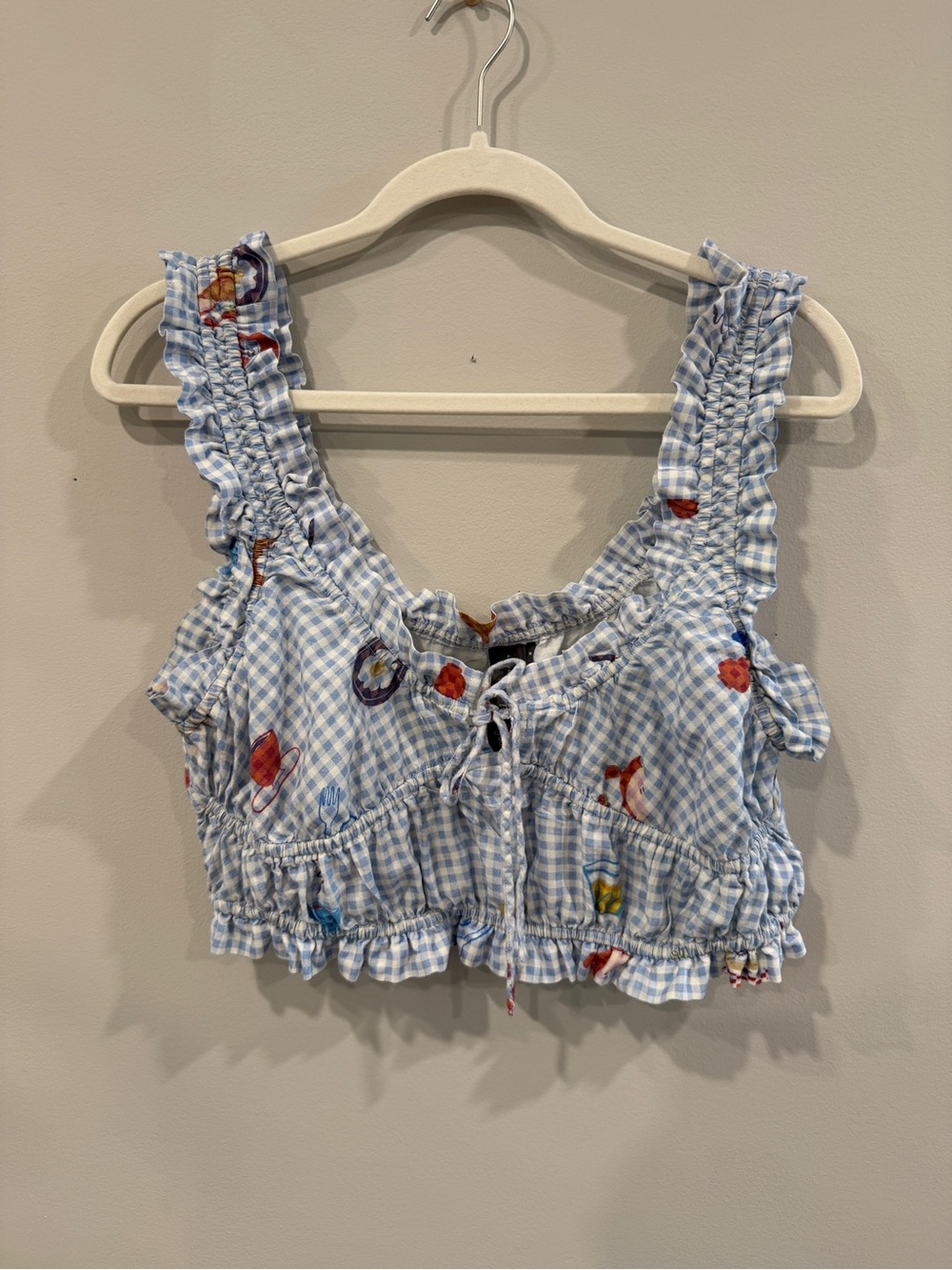Anthropologie Light Blue Gingham Ruffle Crop Tank with Ditsy Motifs